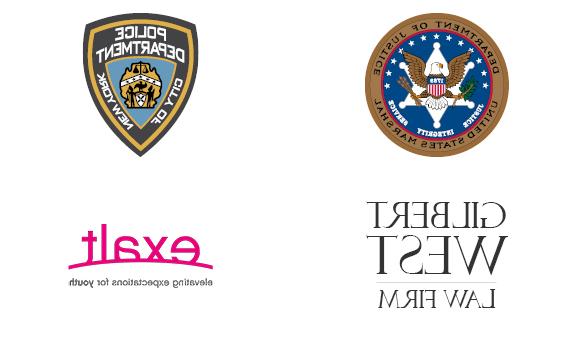 Logos of Criminal Justice Careers: US Marshals, NYDP, Gilbert West Law Firm, Exalt Youth